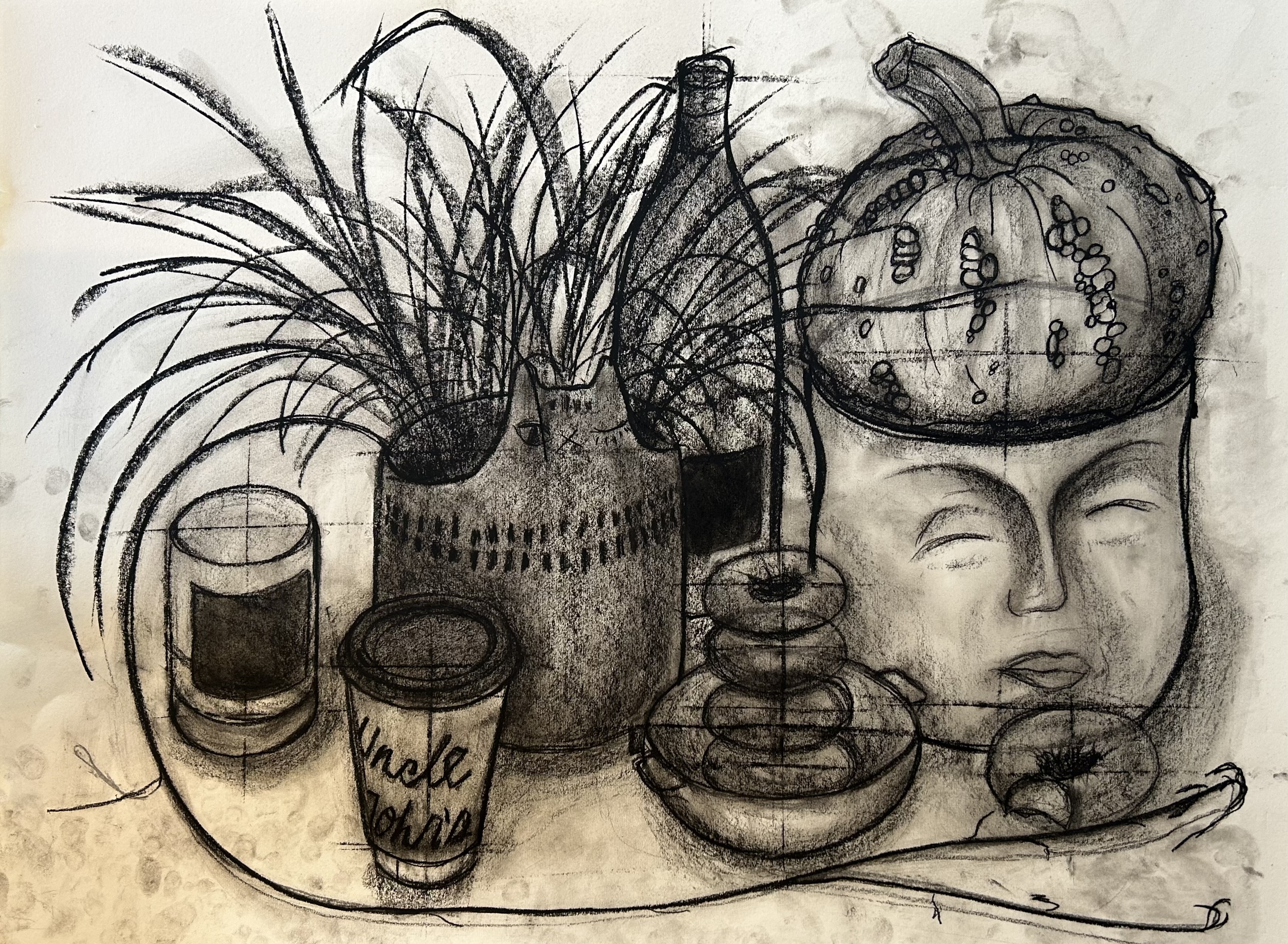 Charcoal contour line drawing of fall items