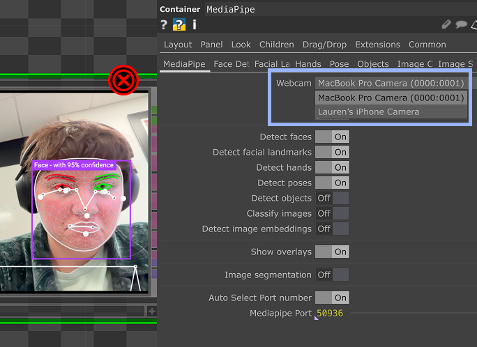 Screenshot of touchdesigner with a webcam error