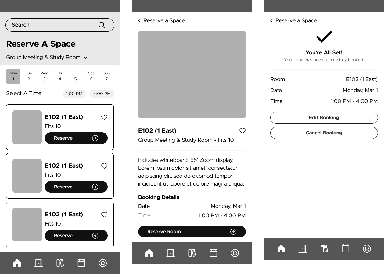 3 low fidelity mockup phone screens for reservations