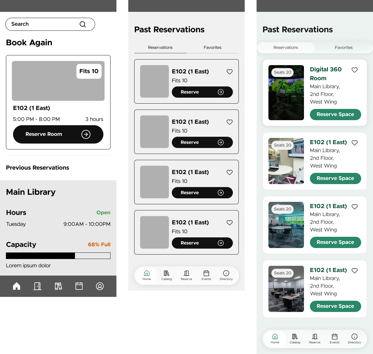 3 low fidelity mockup phone screens for booking rooms
