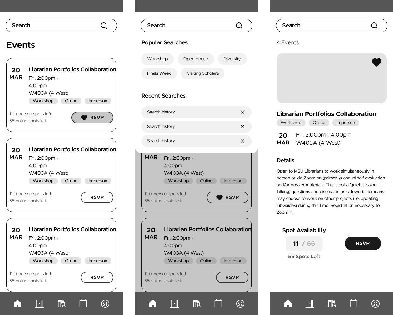 3 low fidelity mockup phone screens for events page