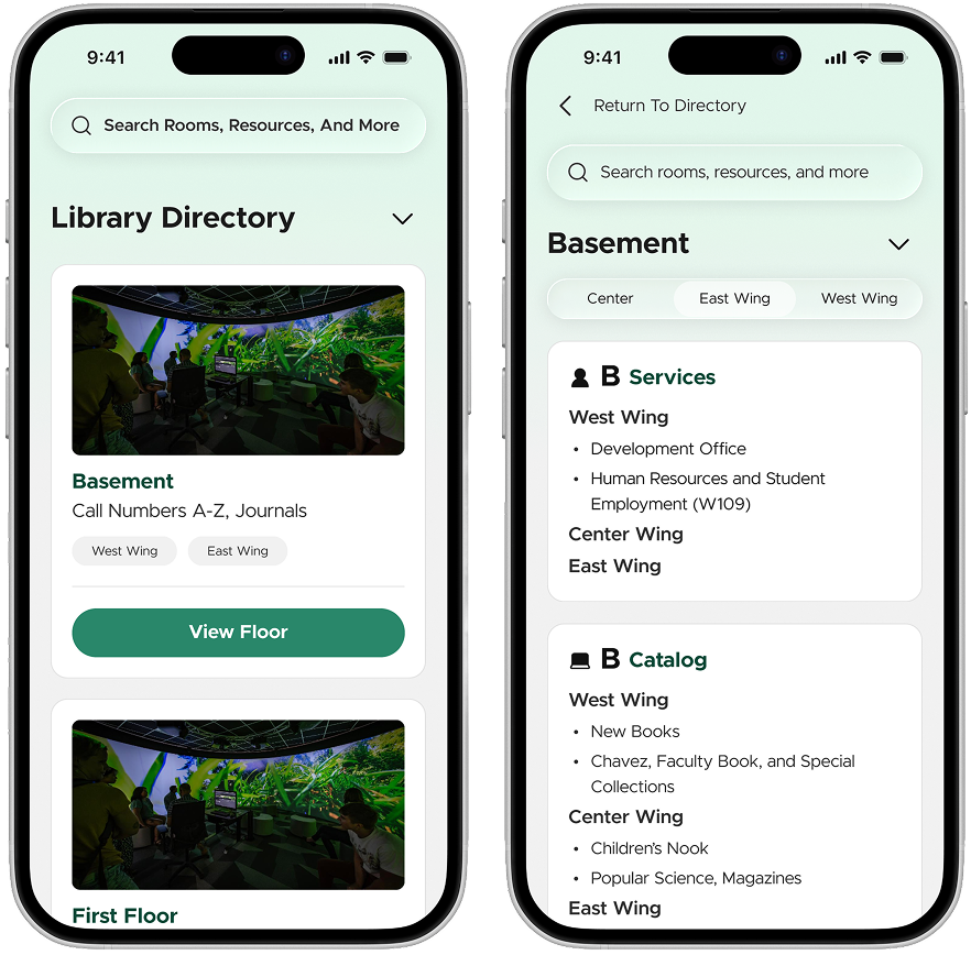 2 mockup phone screens for the directory