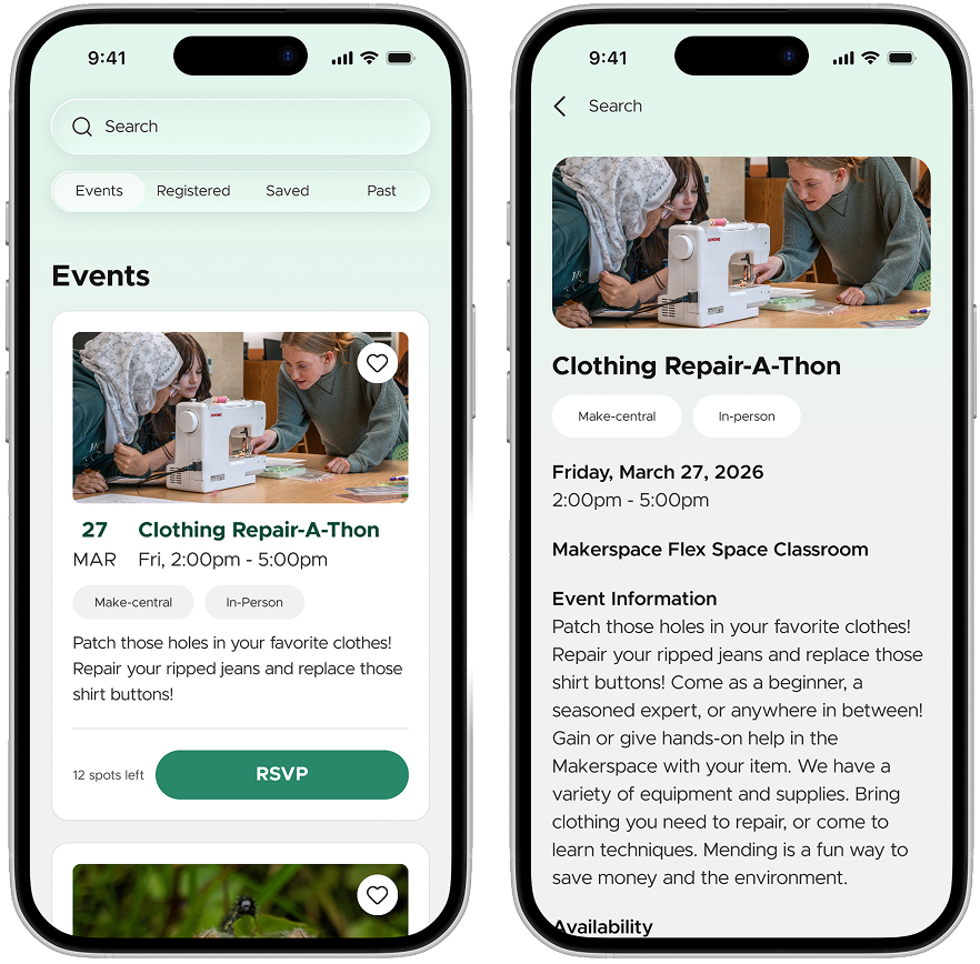 2 mockup phone screens for Events