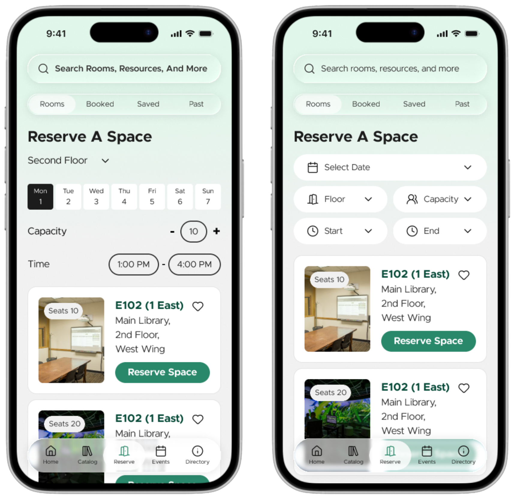 2 mockup phone screens for reserving rooms
