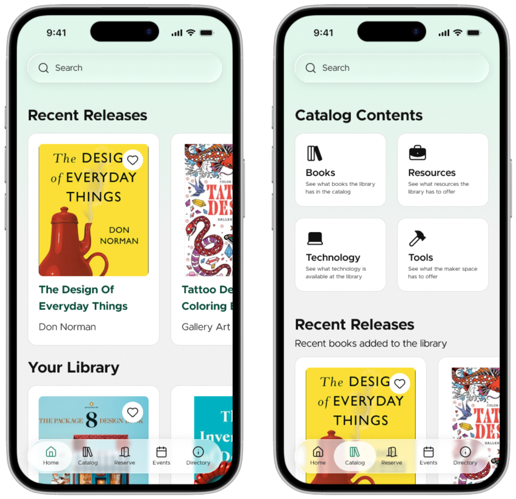 2 mockup phone screens for library catalog