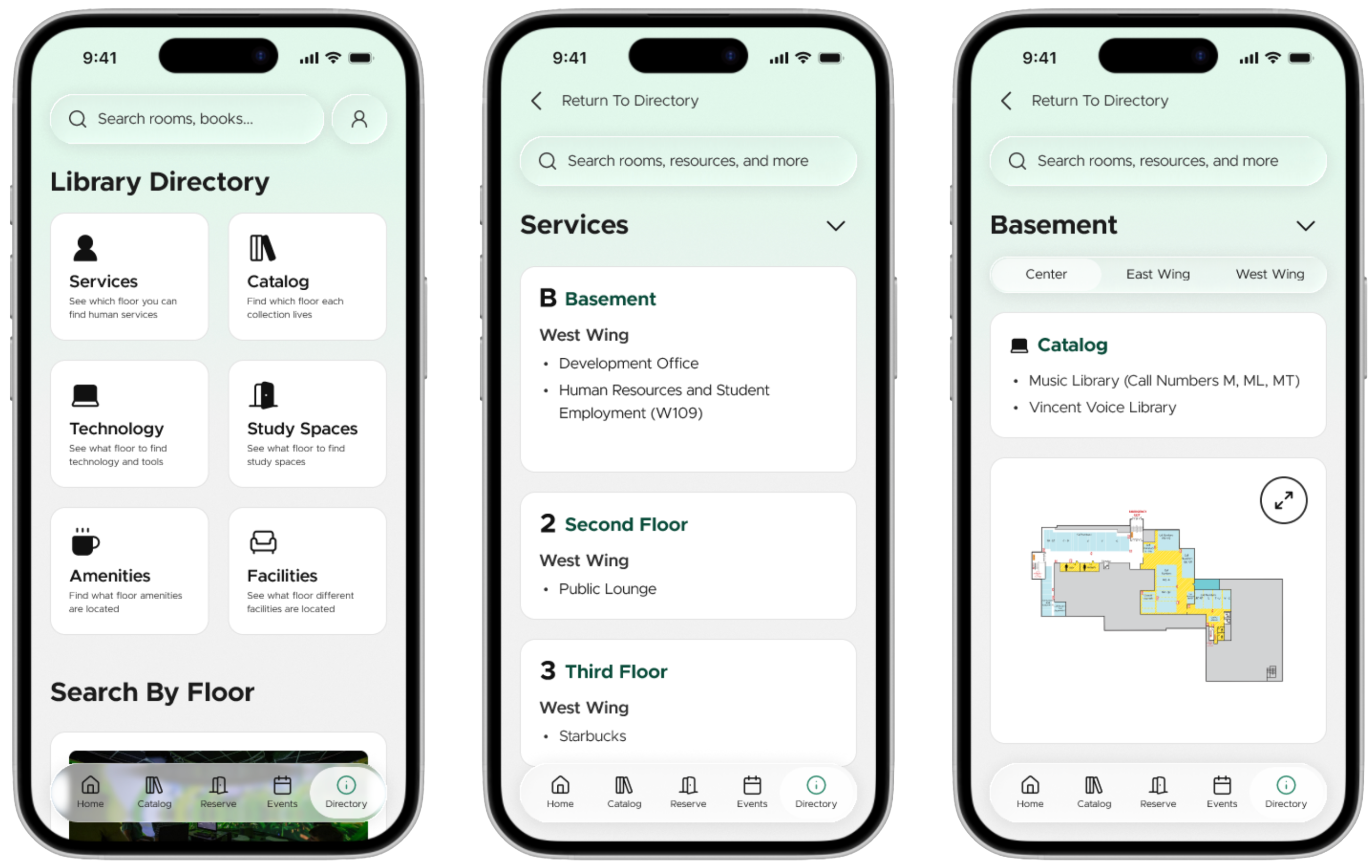 3 mockup phone screens for the library directory