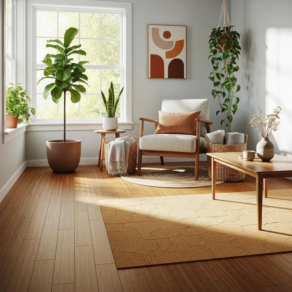 Cozy interior space with eco-friendly bamboo and cork flooring, highlighting natural beauty and sustainability