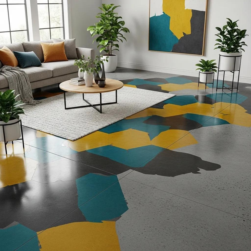 Contemporary home interior with innovative geometric concrete flooring design and vibrant colors