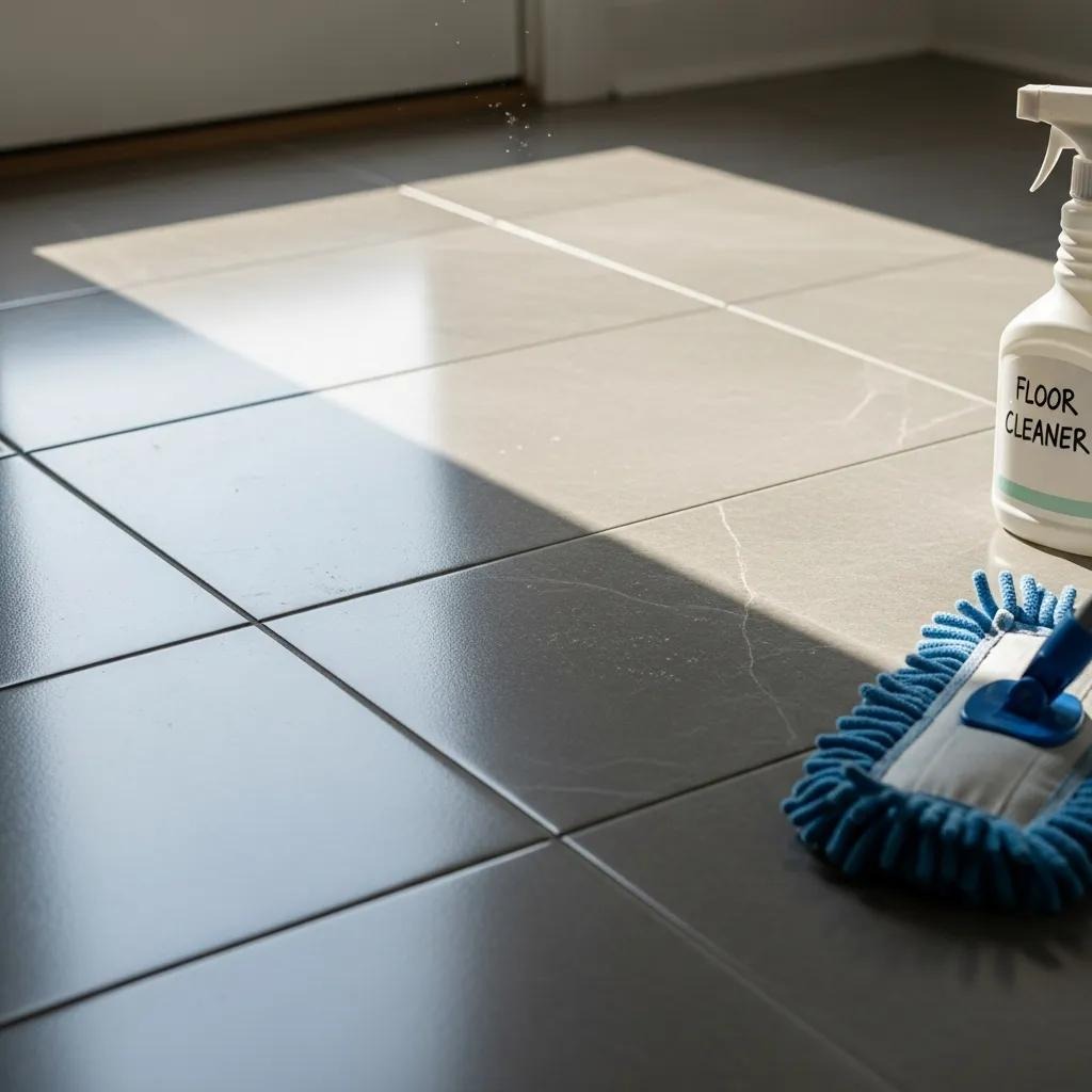Close-up of durable tile flooring in a busy kitchen, highlighting its maintenance and durability benefits
