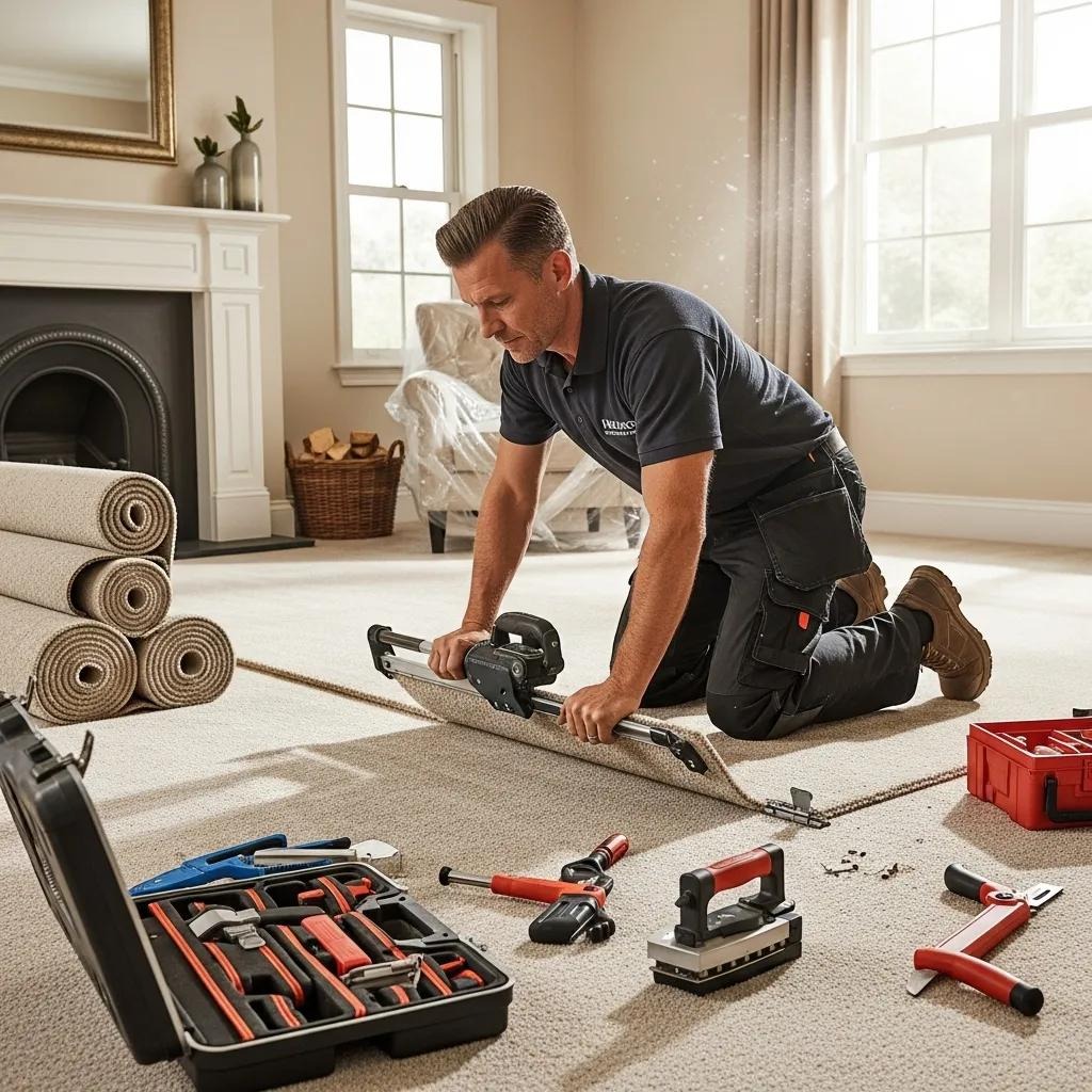 Professional installer laying plush carpet in a living room, showcasing quality installation services