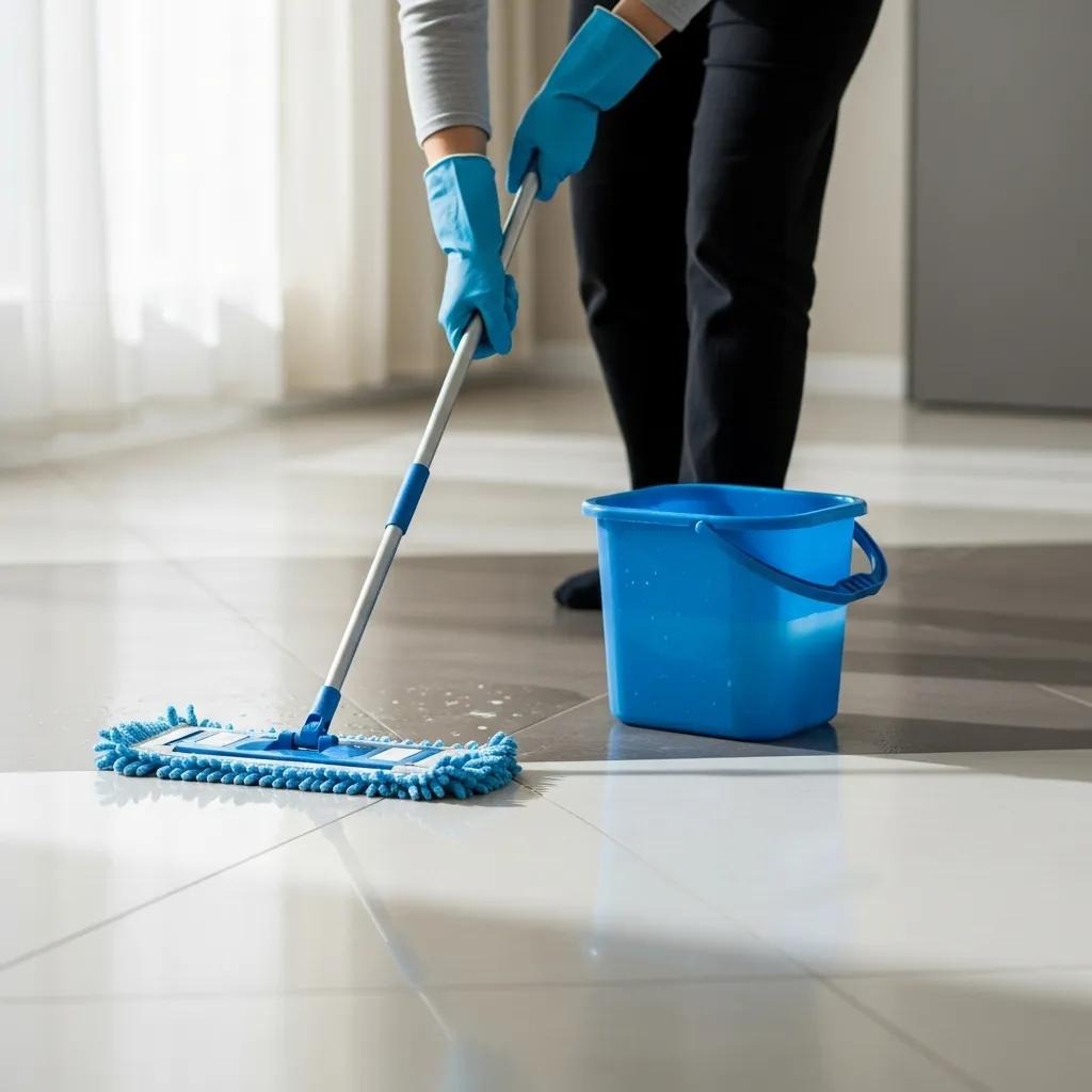 Person cleaning a ceramic tile floor with a damp mop, demonstrating safe cleaning techniques