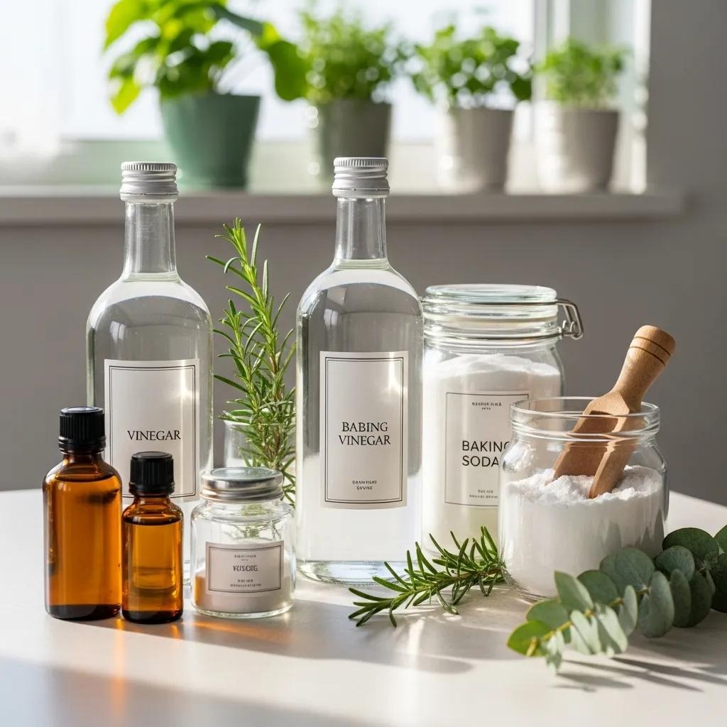 Natural cleaning agents including vinegar, baking soda, and essential oils on a kitchen counter