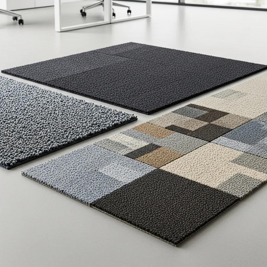 Variety of commercial carpet types displayed in an office setting, emphasizing durability and aesthetics