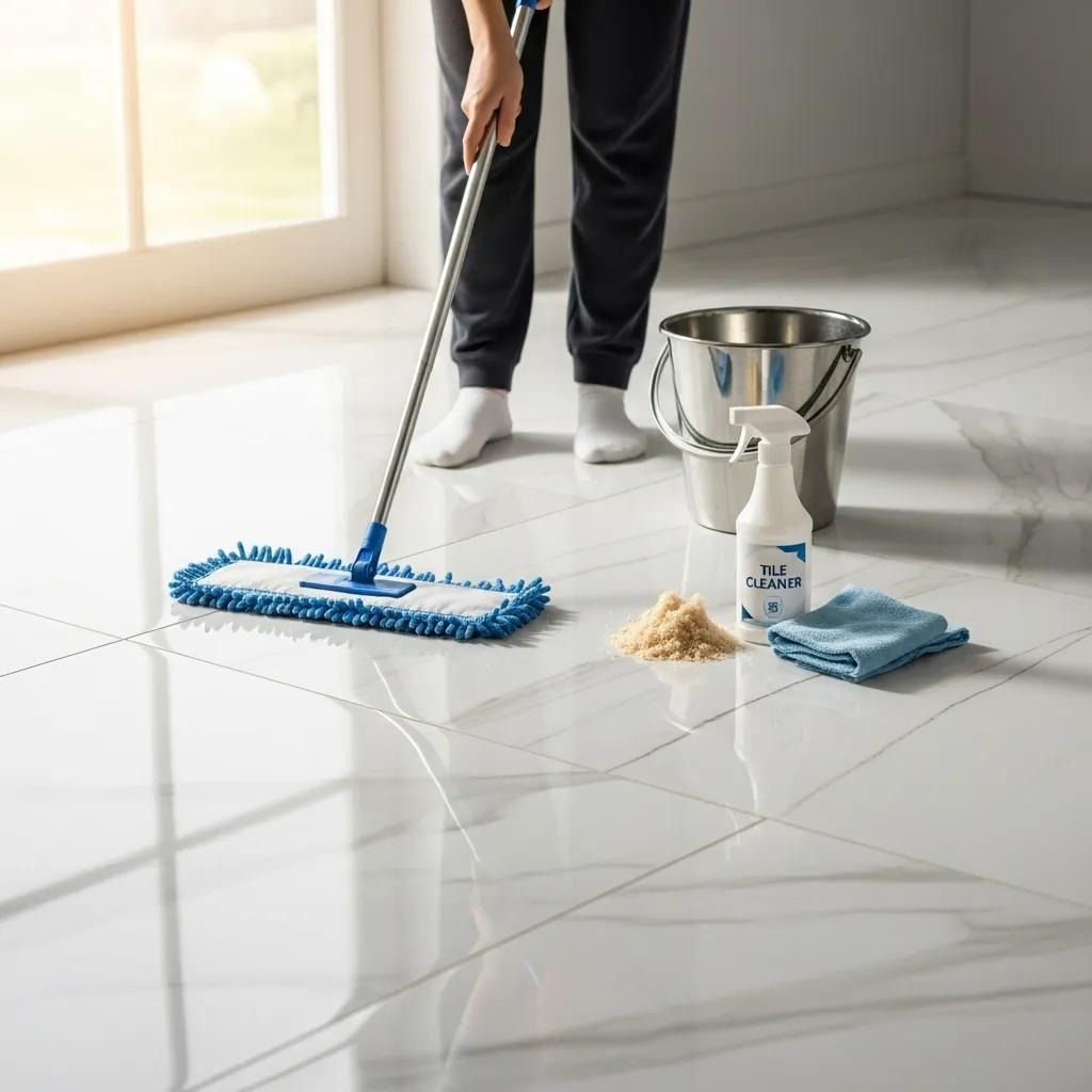 Cleaning tools and a sparkling tiled floor demonstrating maintenance tips for porcelain and ceramic tiles