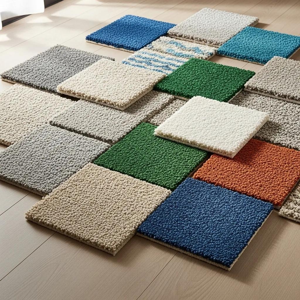Display of various carpet samples including nylon, polyester, and eco-friendly options, highlighting their textures and colors