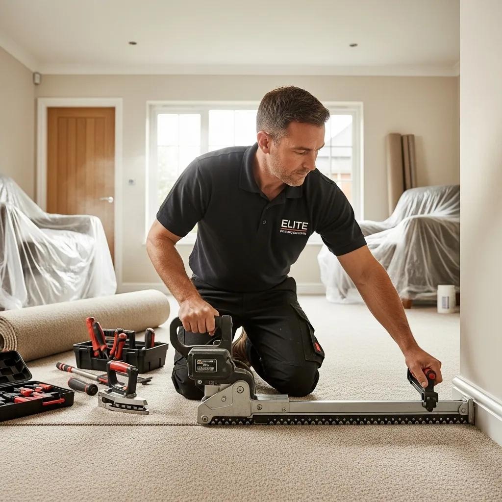 Professional installer laying carpet in a home, showcasing the installation process and attention to detail