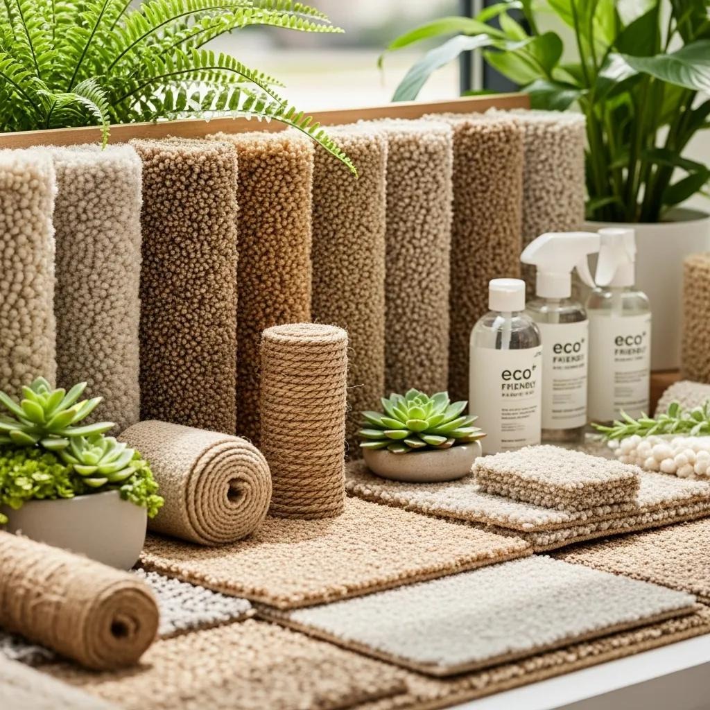 Close-up of eco-friendly carpet materials with plants and cleaning products