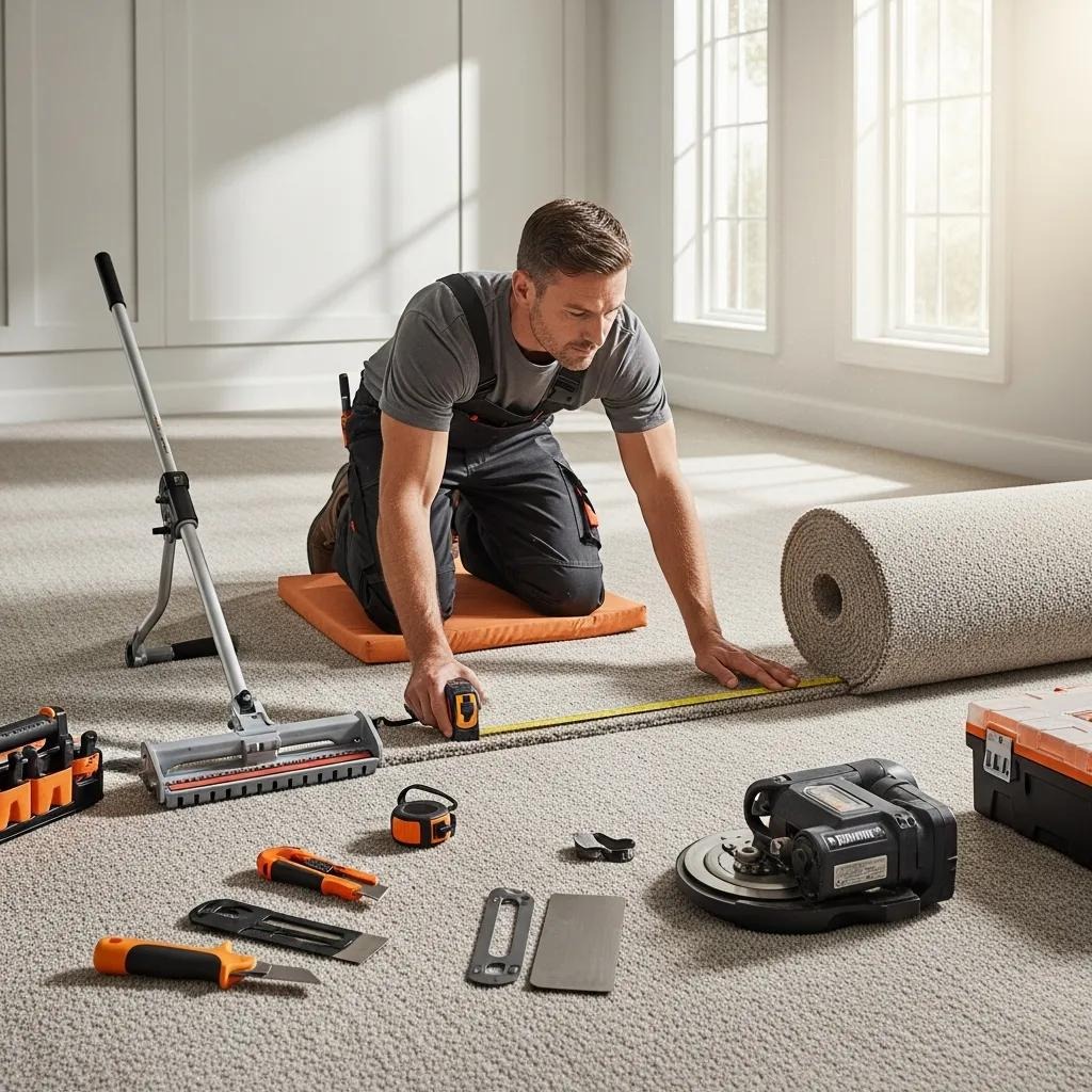 Professional installer measuring and laying carpet in a spacious room