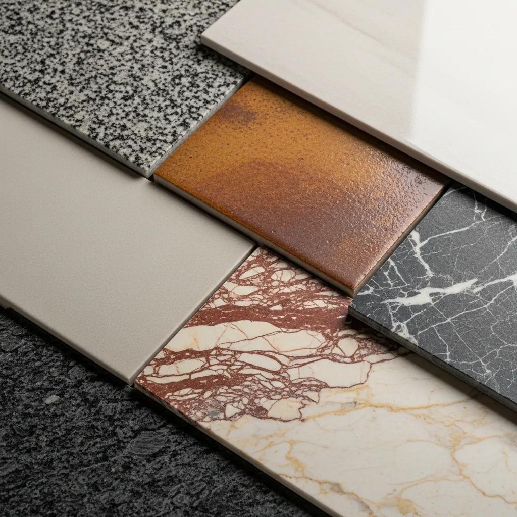 Close-up of durable commercial tile materials including porcelain, ceramic, and natural stone