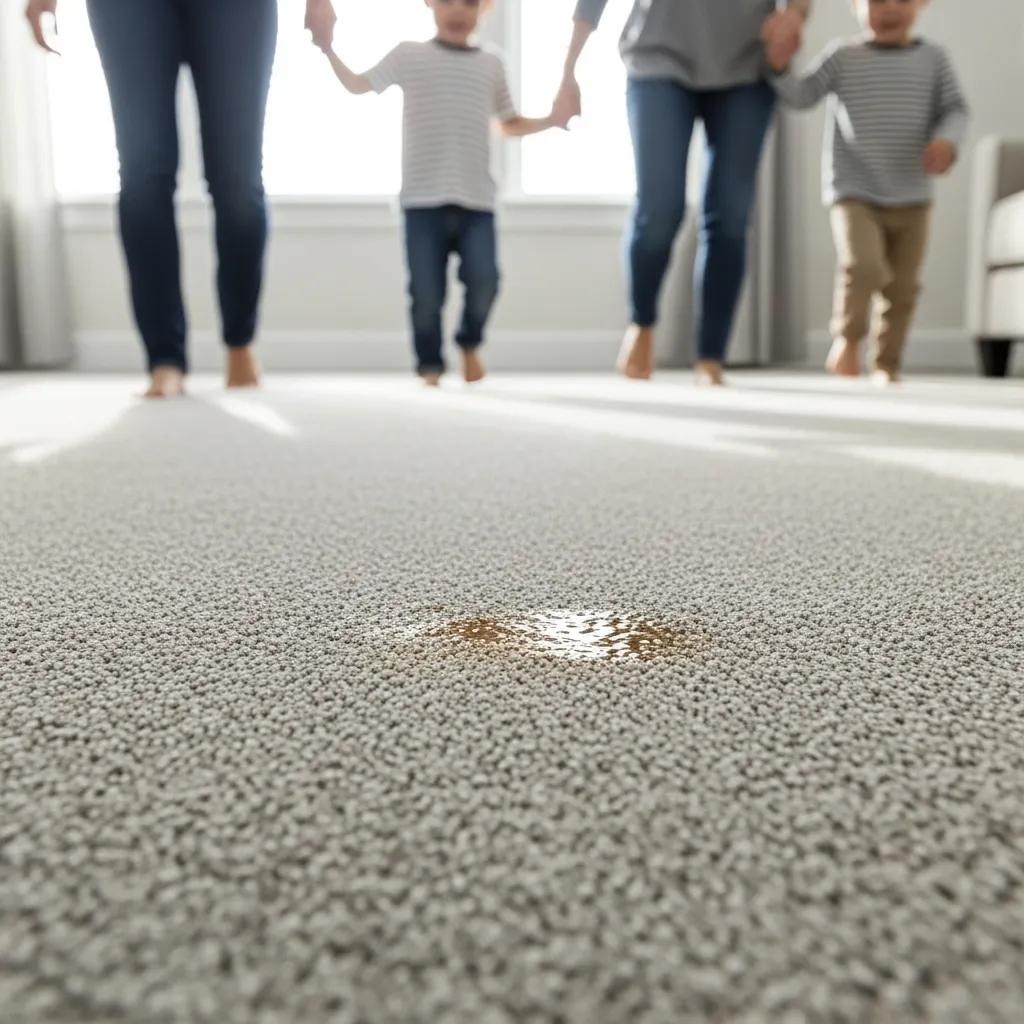 Close-up of a nylon carpet in a high-traffic area, showcasing its durability and stain resistance with a family walking on it