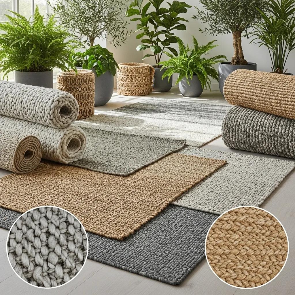 Display of eco-friendly carpets made from natural and recycled materials, showcasing their textures and colors in a natural setting