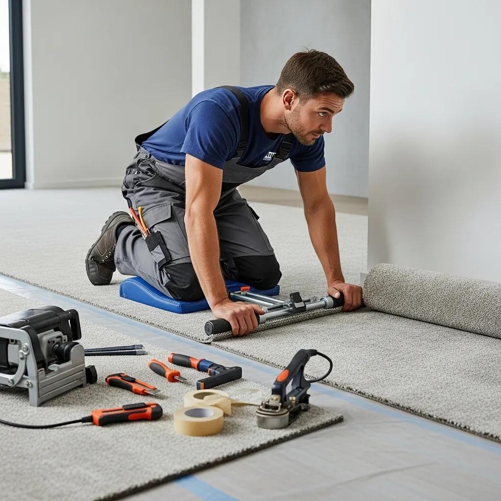 Professional installer laying carpet, demonstrating the quality and expertise of professional carpet installation