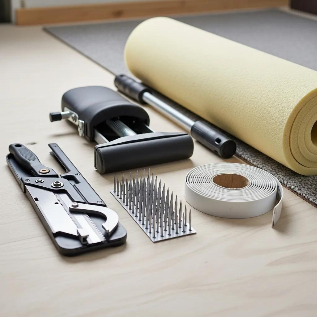 Essential tools for DIY carpet installation, showcasing the necessary equipment for a successful project