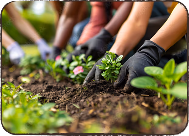 Farmers taking care of flower sprouts.