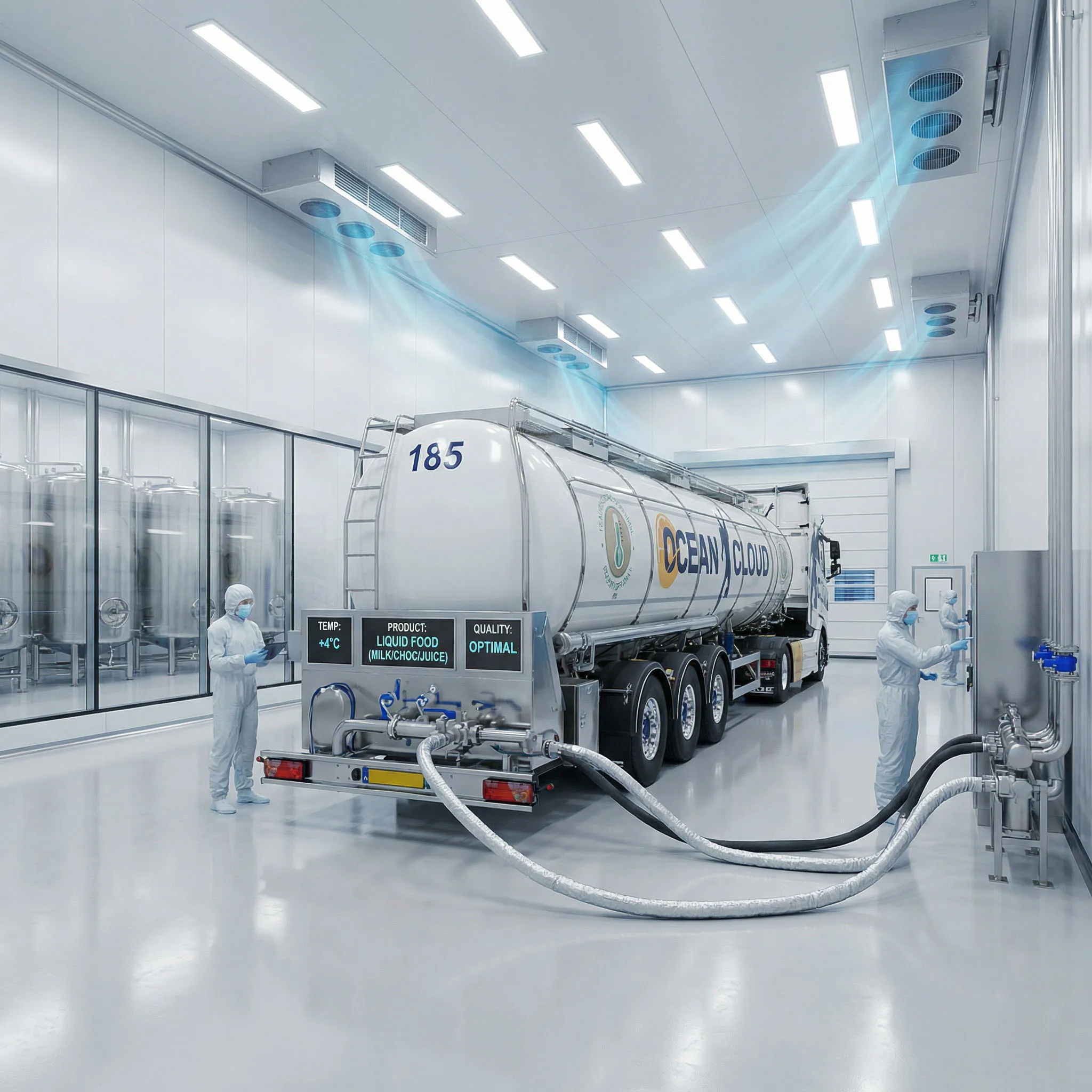 Food-grade Ocean Cloud tanker being loaded with liquid food in a hygienic loading hall