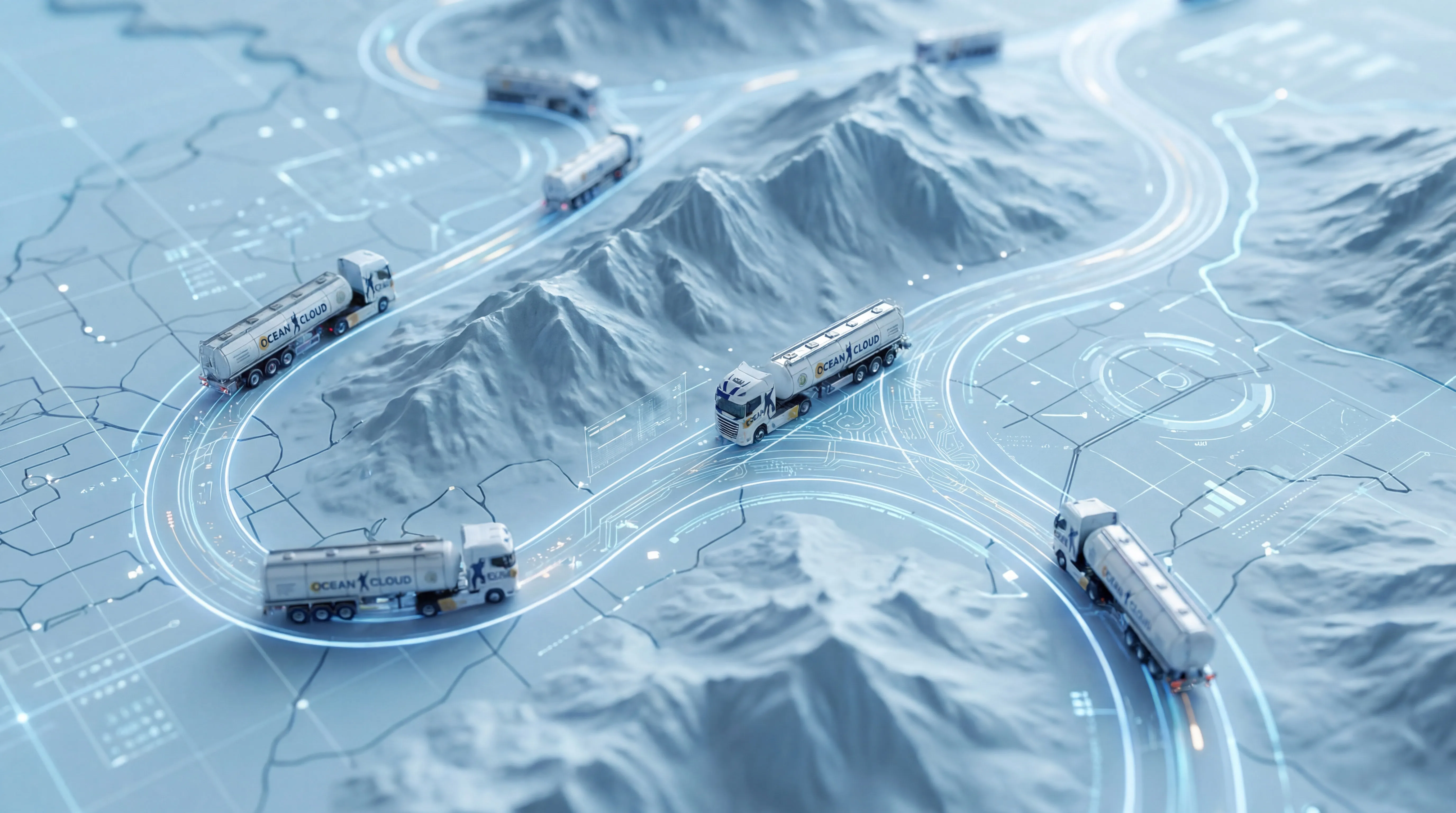 Digital 3D map with elevated terrain showing winding roads along mountains and five tanker trucks labeled Ocean Cloud traveling on the roads, surrounded by glowing futuristic interface elements.