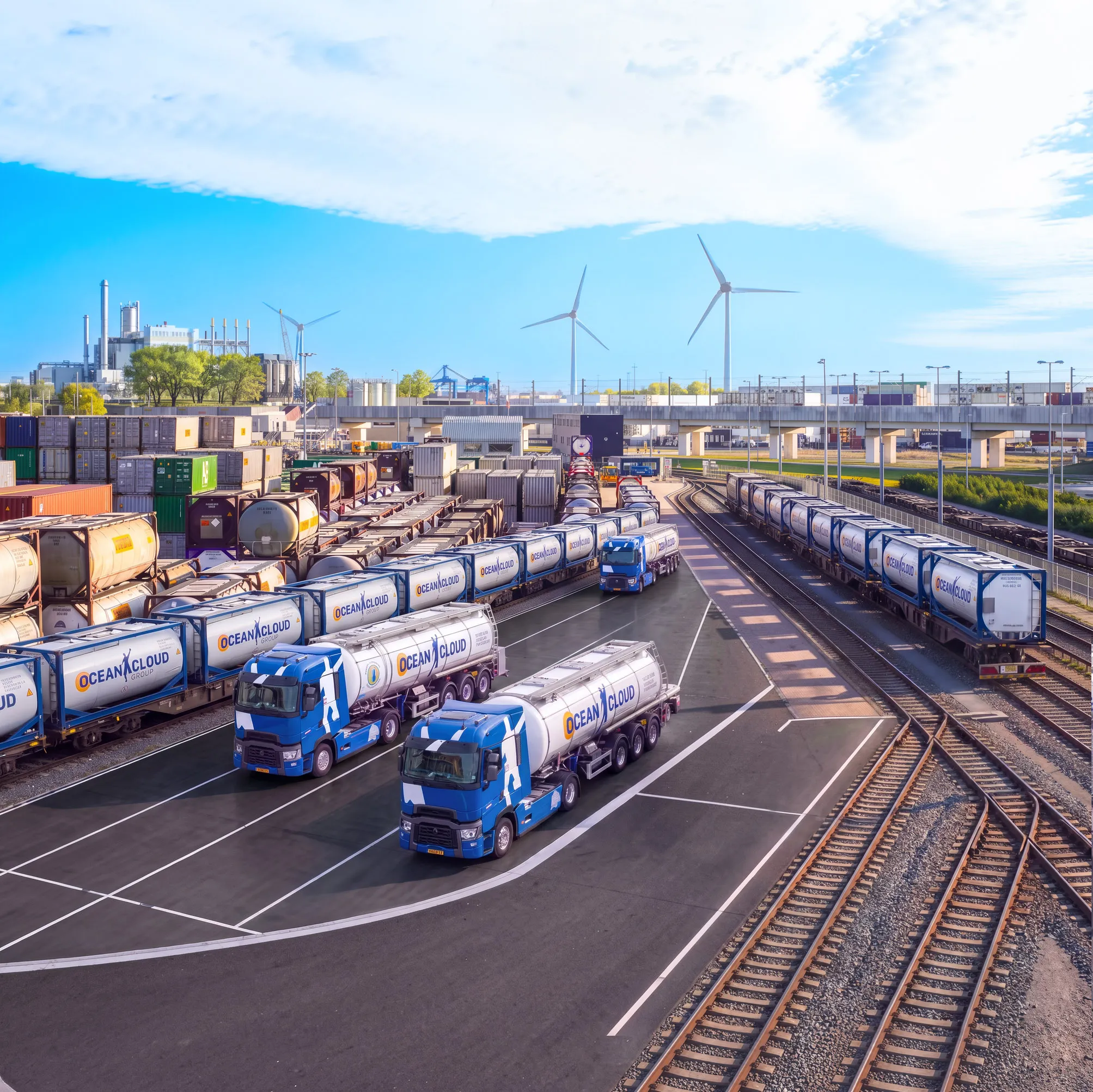 Tank container terminal with a reach stacker and Ocean Cloud trucks