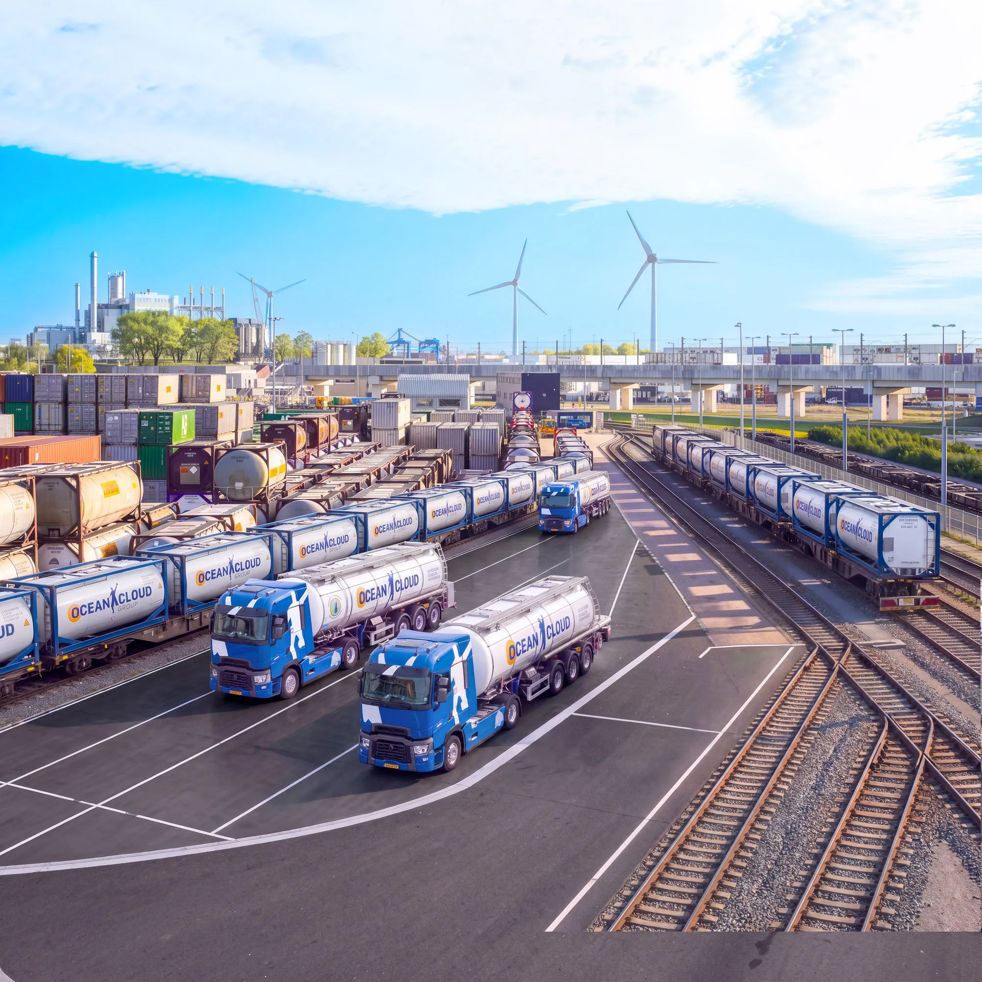 Tank container terminal with a reach stacker and Ocean Cloud trucks