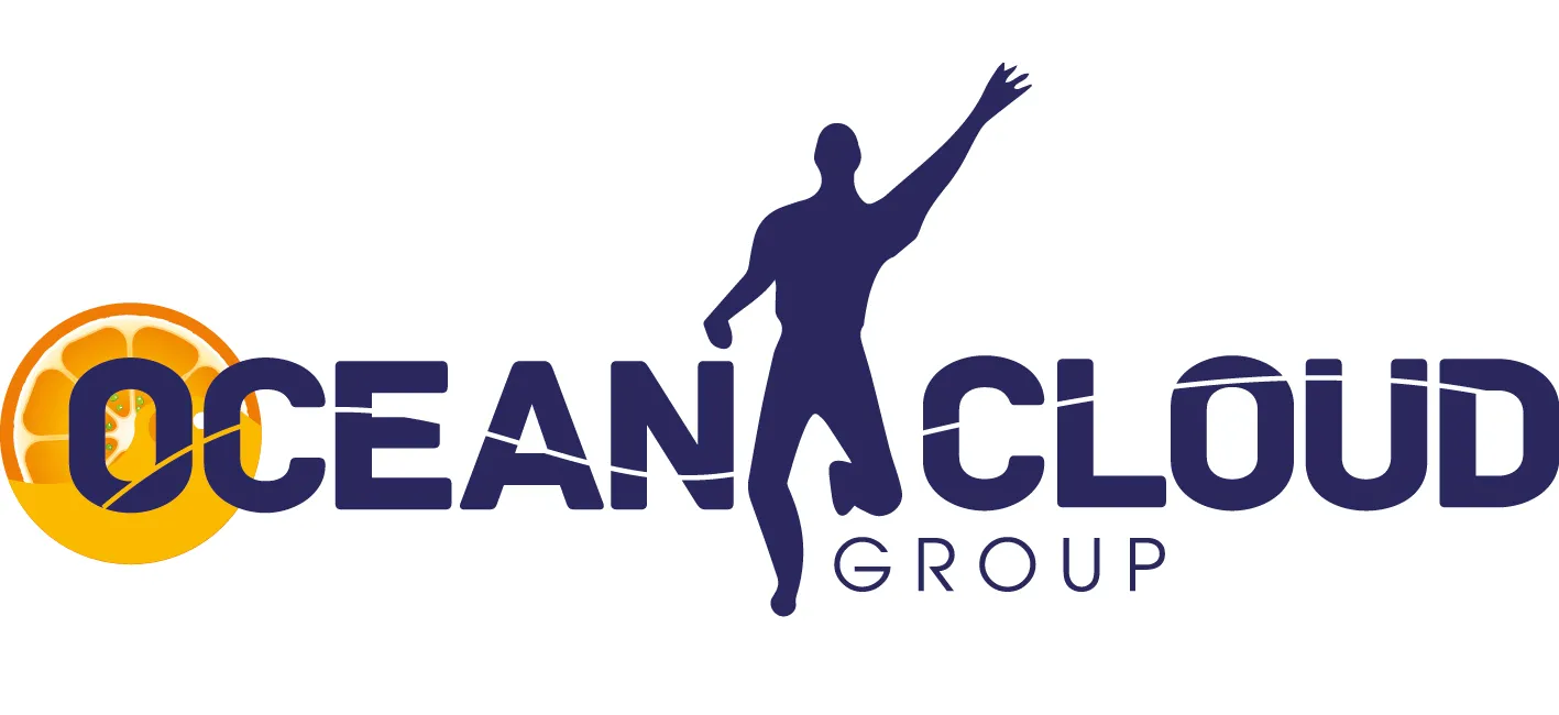 Logo of Ocean Cloud Group featuring an abstract orange slice partially submerged in water with a stylized figure of a person running or jumping integrated between the words 'OCEAN' and 'CLOUD'.