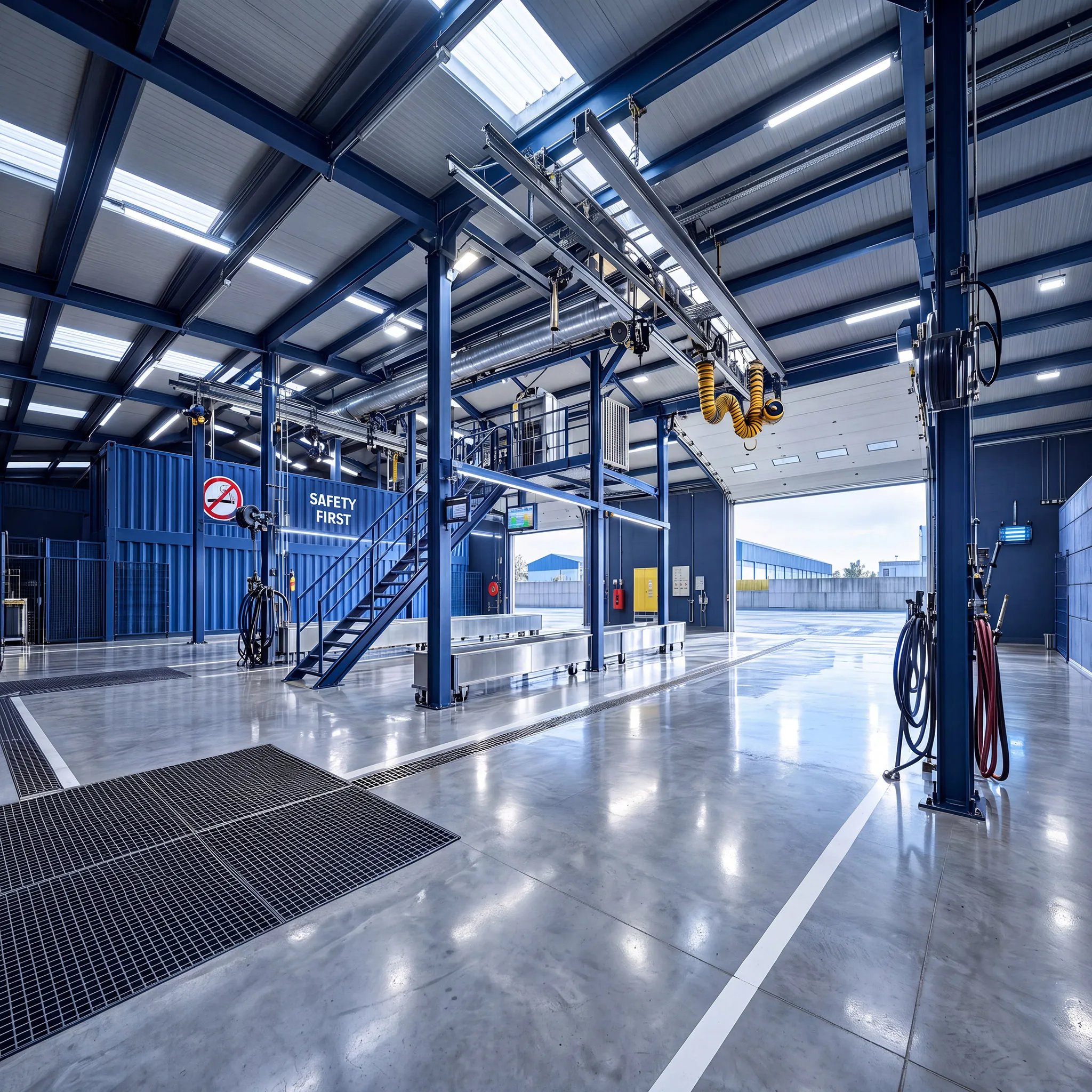 Spacious, clean industrial workshop or garage with high ceiling, large open bay door, blue steel beams, ventilation ducts, safety equipment, and a sign reading 'Safety First'.