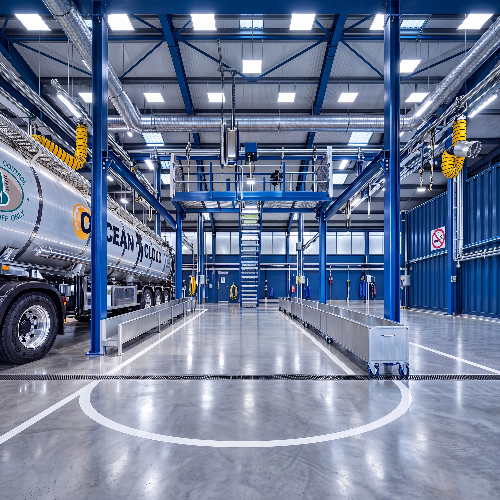 Interior of a large, clean, and well-lit industrial maintenance facility with blue structural beams and a polished concrete floor, featuring a silver tanker truck labeled 'Ocean Cloud' parked on the left side and a central metal staircase leading to a raised platform.