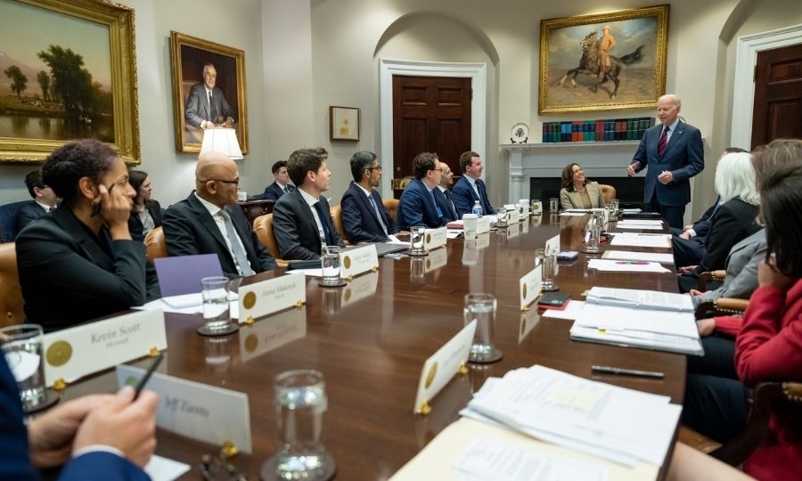 President Biden and VP Harris meet with AI CEOs in the White House Roosevelt Room, May 4, 2023