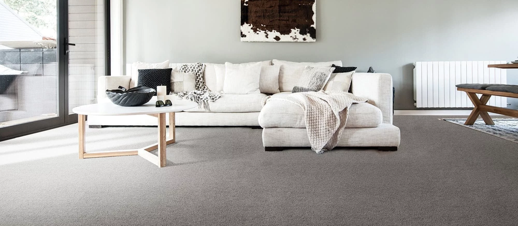 Living room with a white sofa and grey carpet flooring 