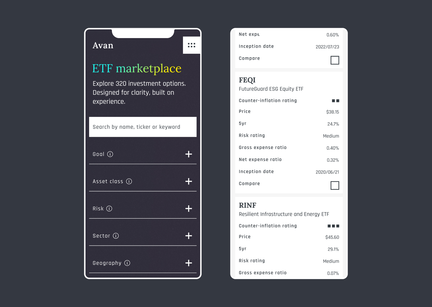 4 mobile screenshots of ETF screener prototype