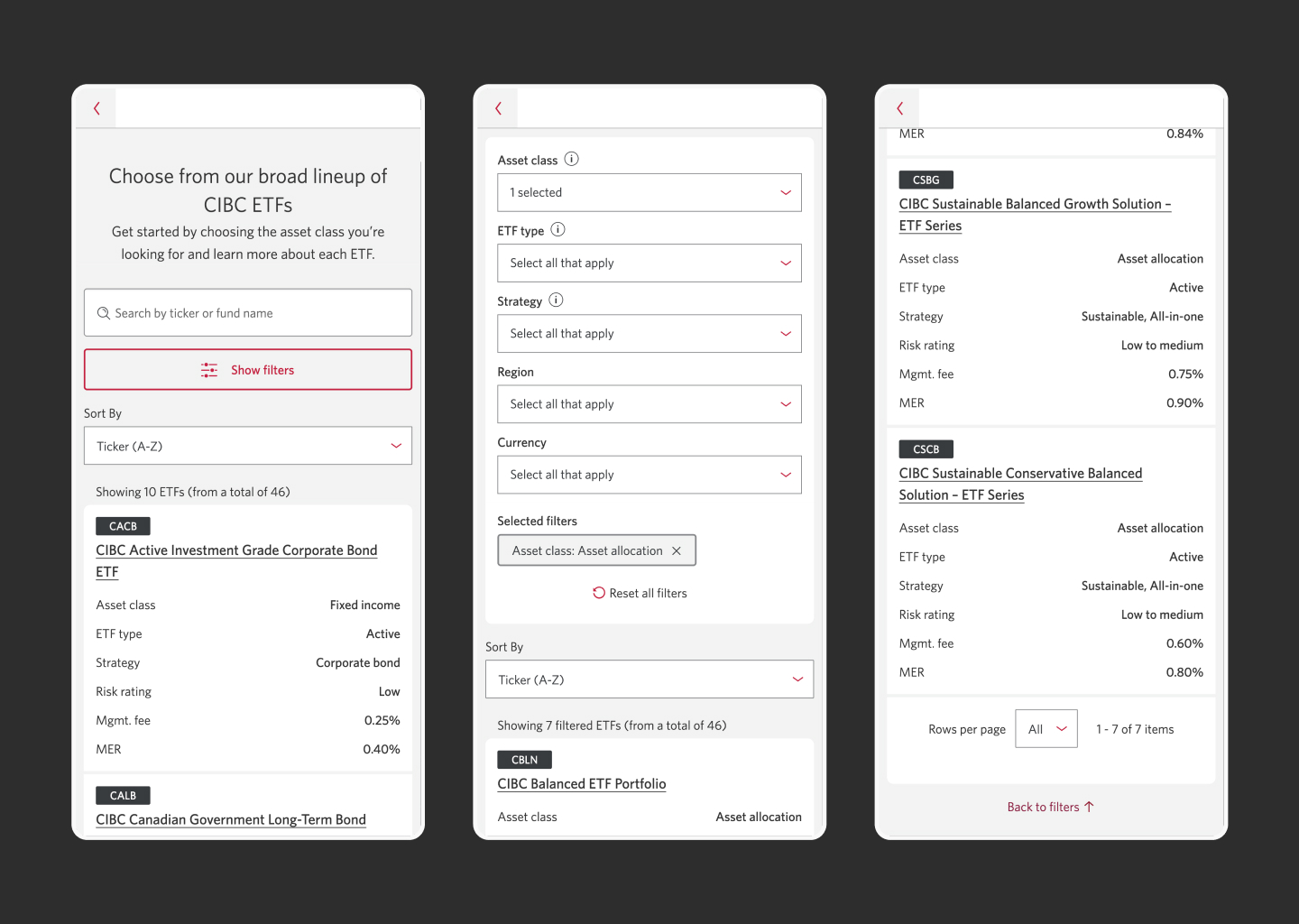 4 mobile screenshots of ETF screener prototype