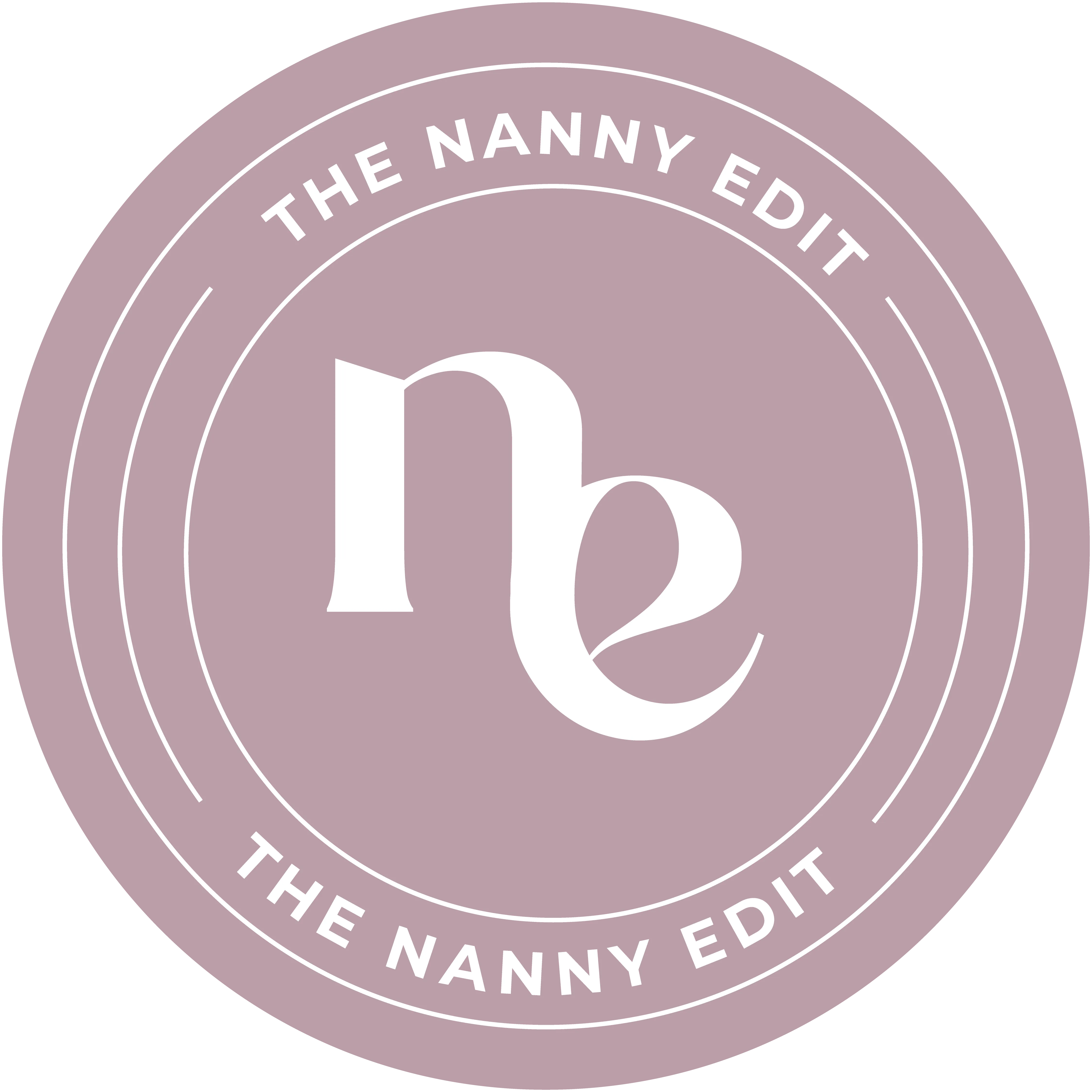 Circular mauve logo with white stylized lowercase letters 'ne' in the center and the text 'The Nanny Edit' written twice around the edge.