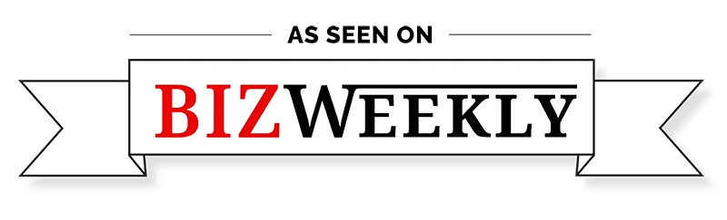 Banner with the text 'BIZ WEEKLY', where 'BIZ' is in red and 'WEEKLY' is in black, on a white ribbon with black borders.