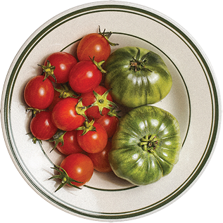 A bowl of red and green tomatoes