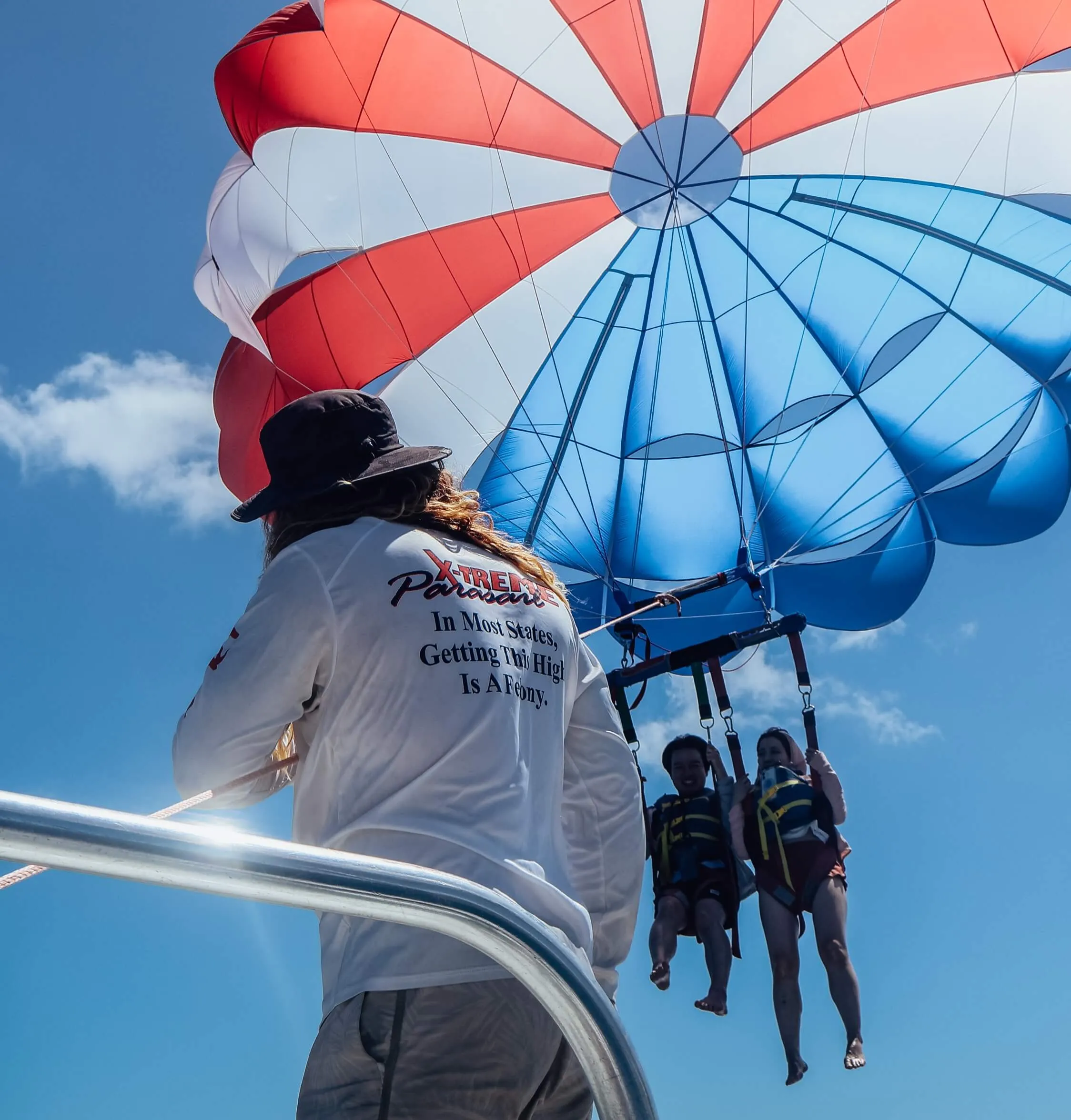 Two guests on a tandem parasail flight beneath a red, white and blue canopy off Waikīkī, watched by an Xtreme Parasail crew member on the boat