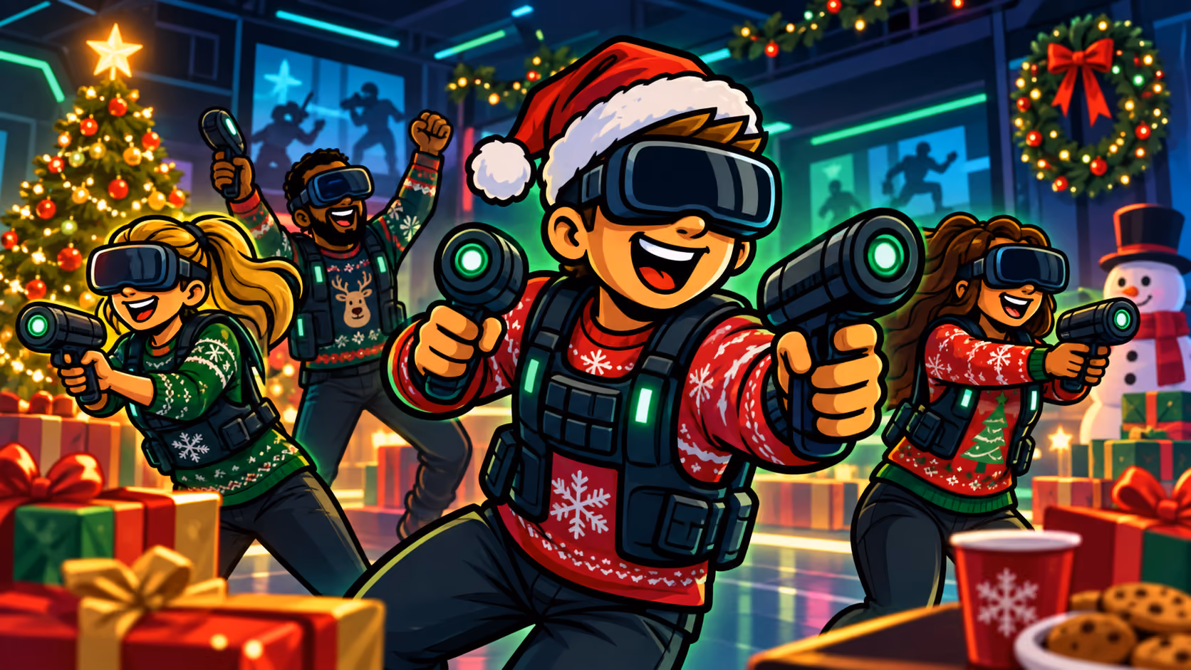 Coworkers in ugly Christmas sweaters and VR headsets playing laser tag at a holiday office party