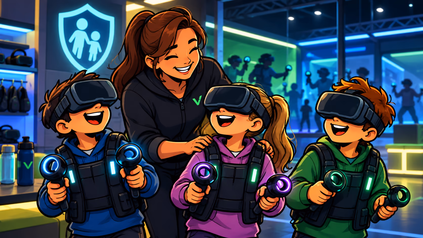 Staff member helping three kids with VR headsets and haptic vests before their first session