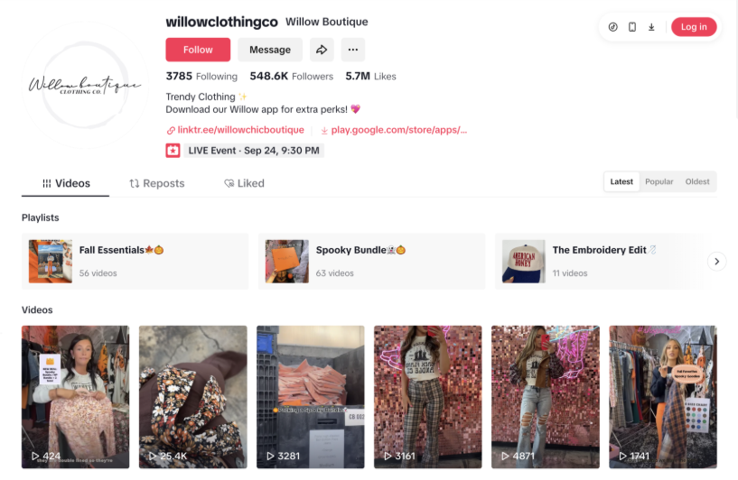 Willow Boutique, a U.S. fashion retailer, Tiktok live stream 