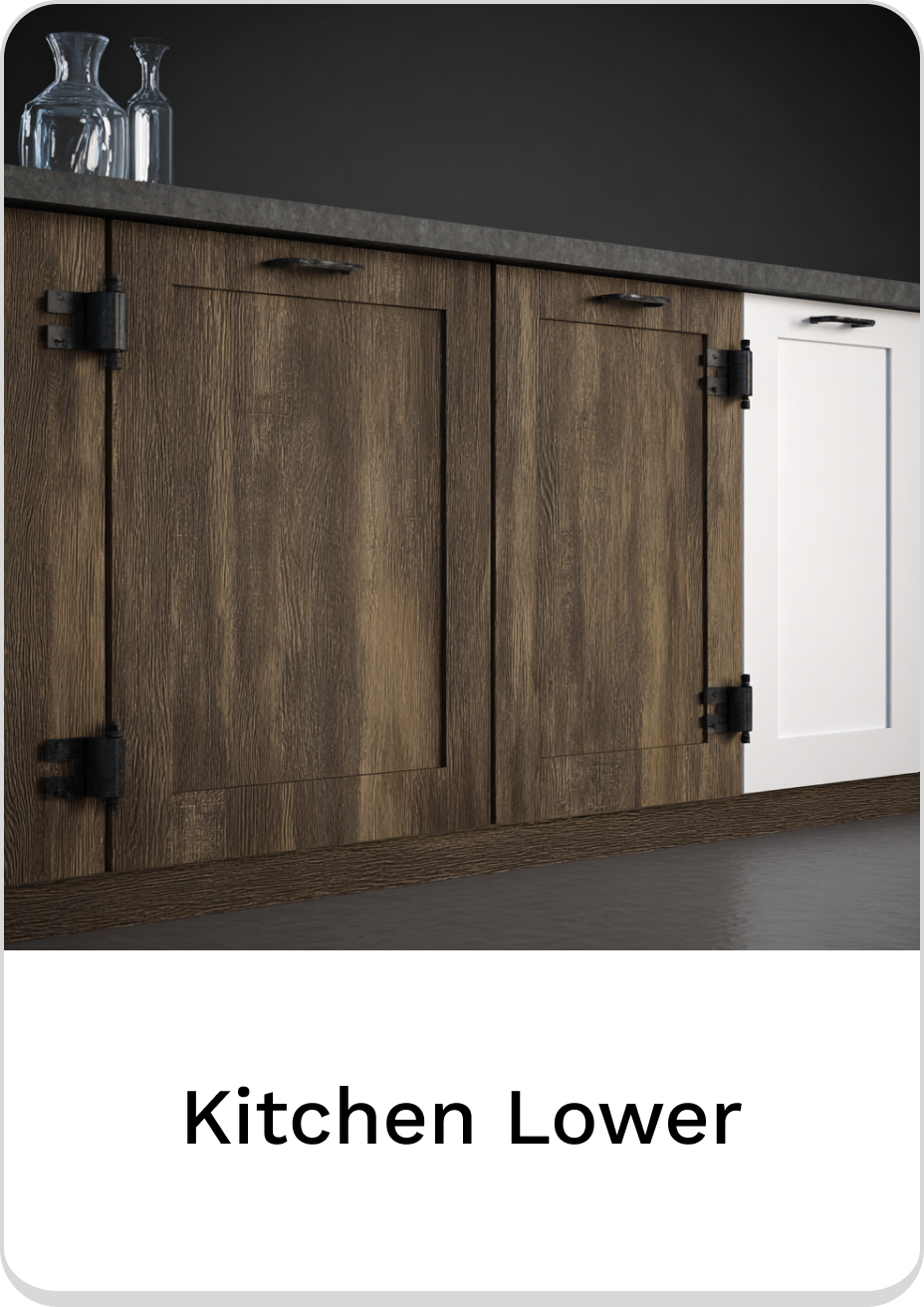Stylish kitchen lower cabinets in rich wood finish with sleek hardware details.