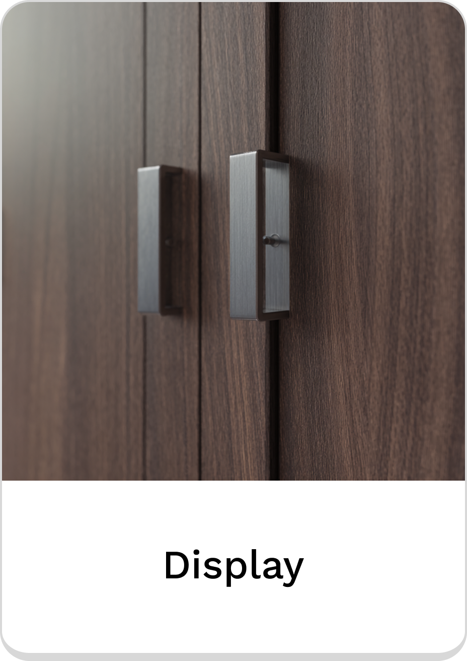 Stylish display cabinet with modern handles and rich wood finish.