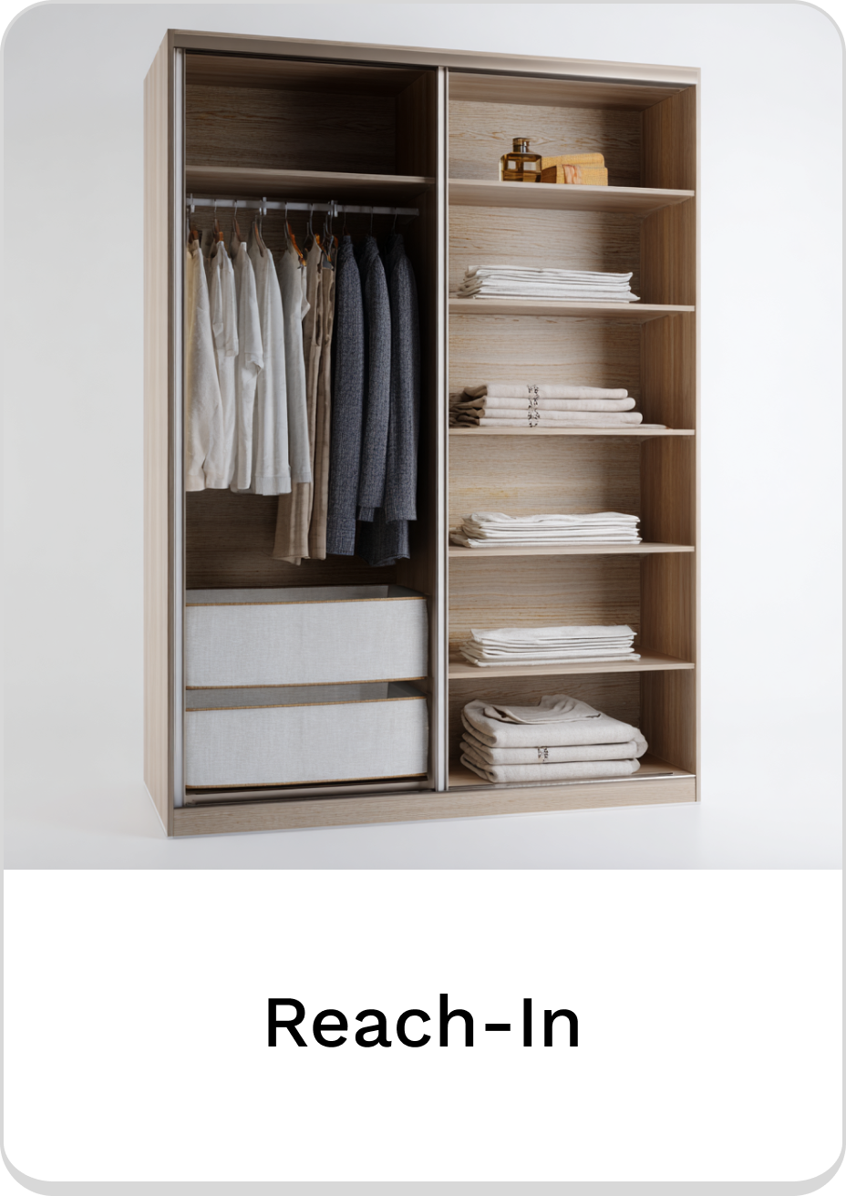 Modern reach-in closet with organized shelves and hanging space for clothes.