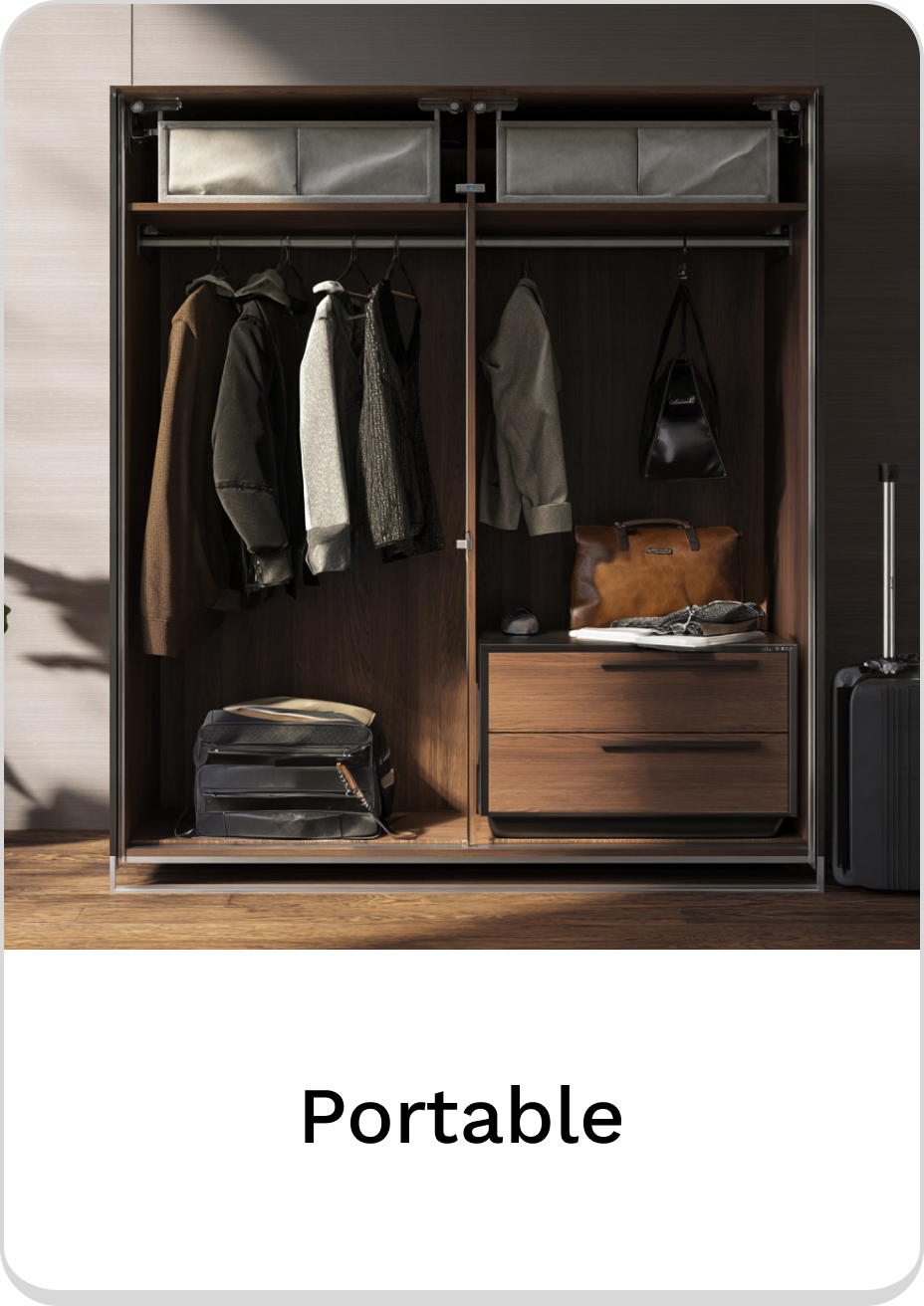 Stylish portable wardrobe with clothing and accessories for efficient storage solutions.